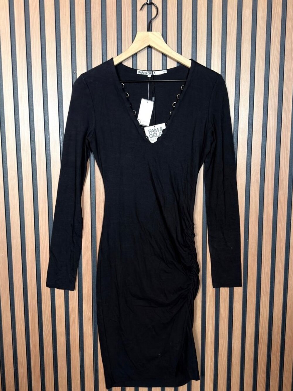 New Pam & Gela Dress Petite P Womens Black Lace Up Ruched Shift Stretch Cotton